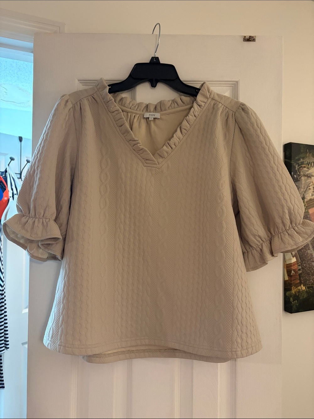 Light Beige Ruffle V-Neck Puff Sleeve Blouse
